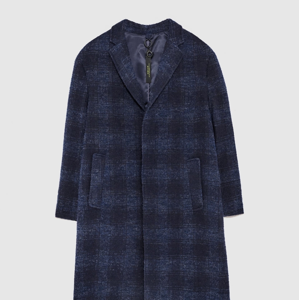 Mens zara navy blue long  wool overcoat coat